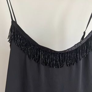 Black beaded fringed cocktail dress, cross over strap. Charlotte Russo, L